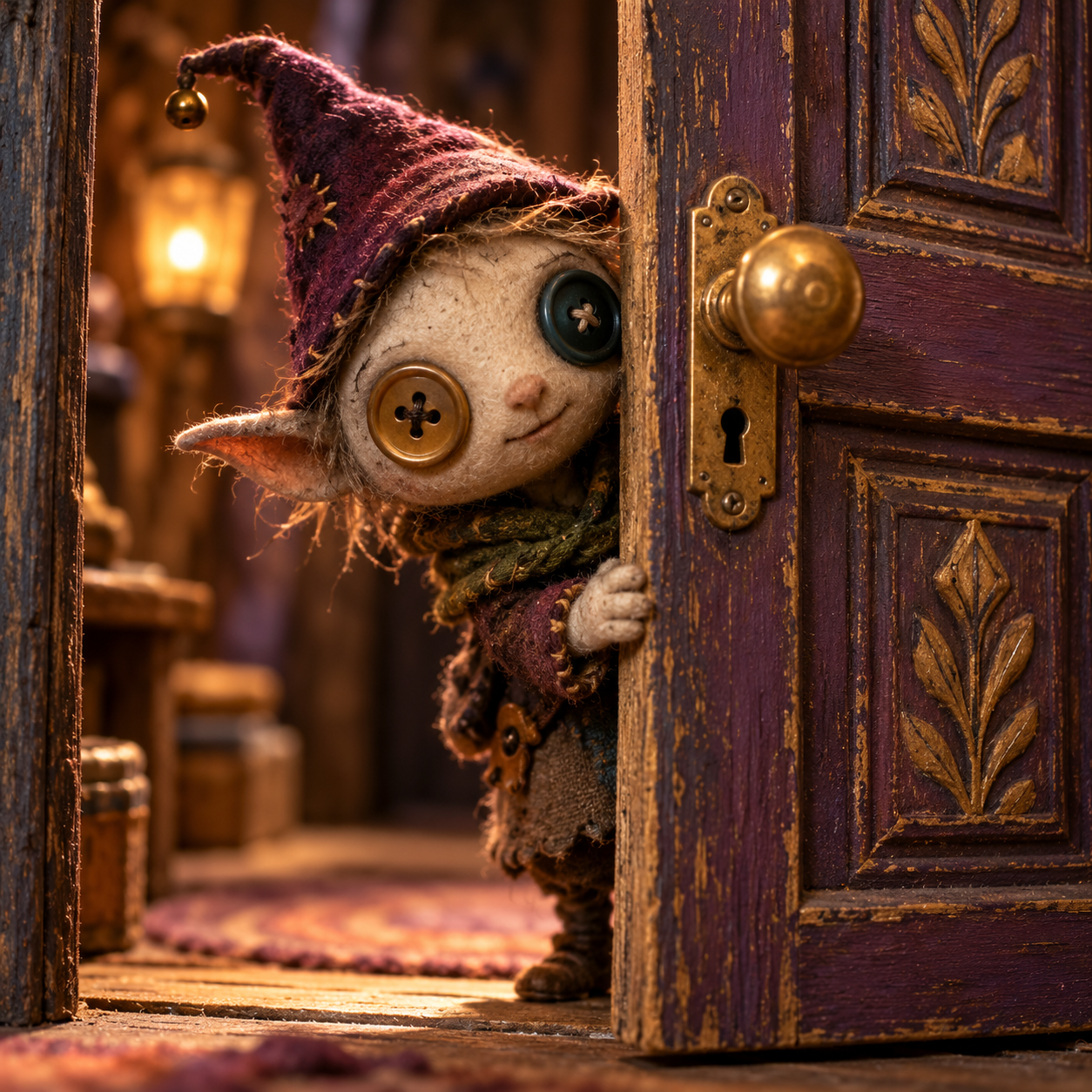 A felt puppet peeks behind an old wooden door